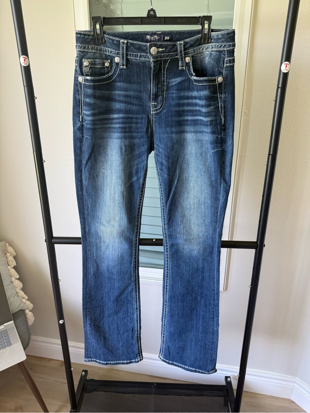 Miss Me Women's Dark Blue Boot Cut Jeans with Faded Whiskering